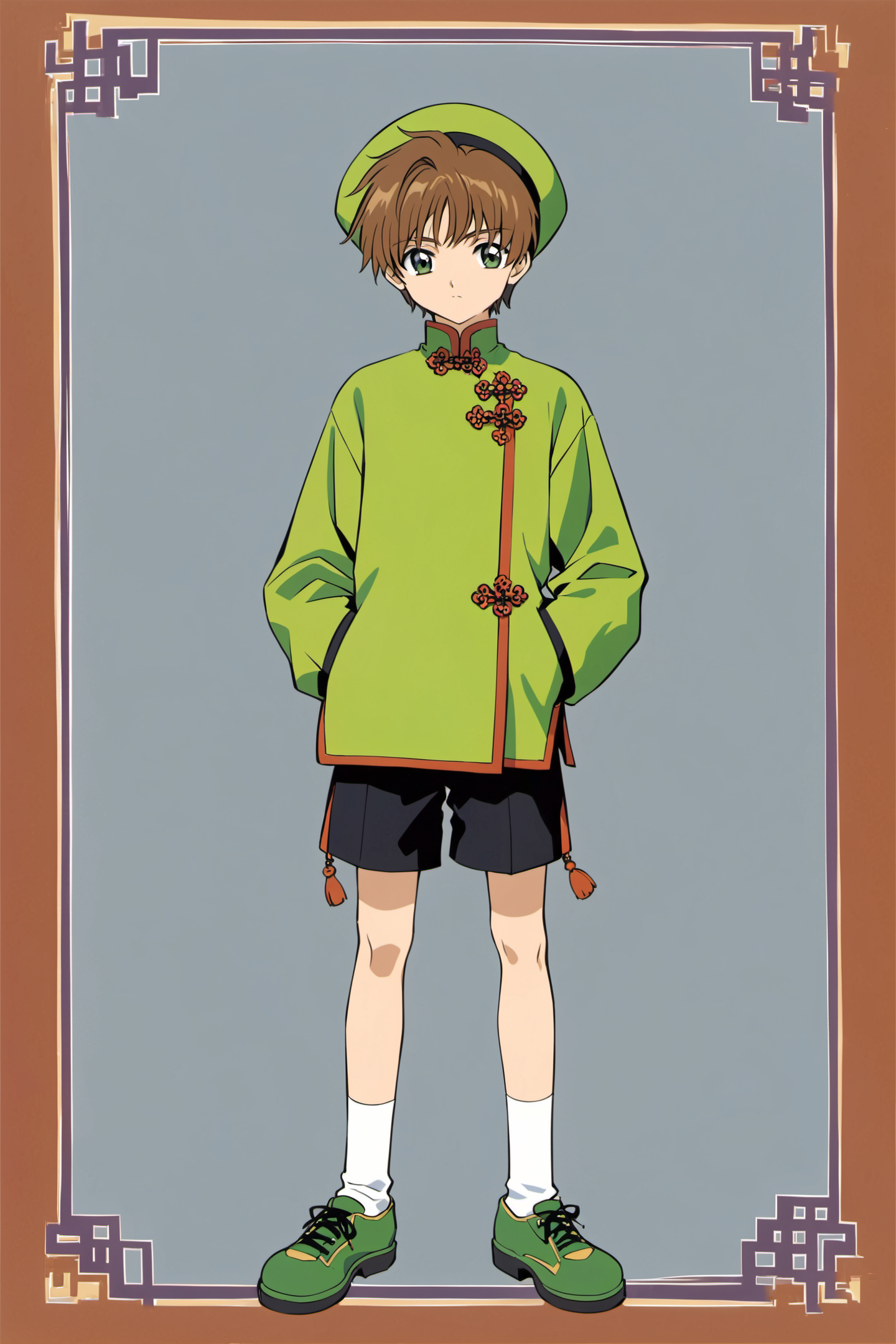 22164-3003903228-Li Syaoran, solo, green eyes, brown hair, shorts, male focus, hat, 1boy, full body, socks, white socks, black shorts, standing,.png